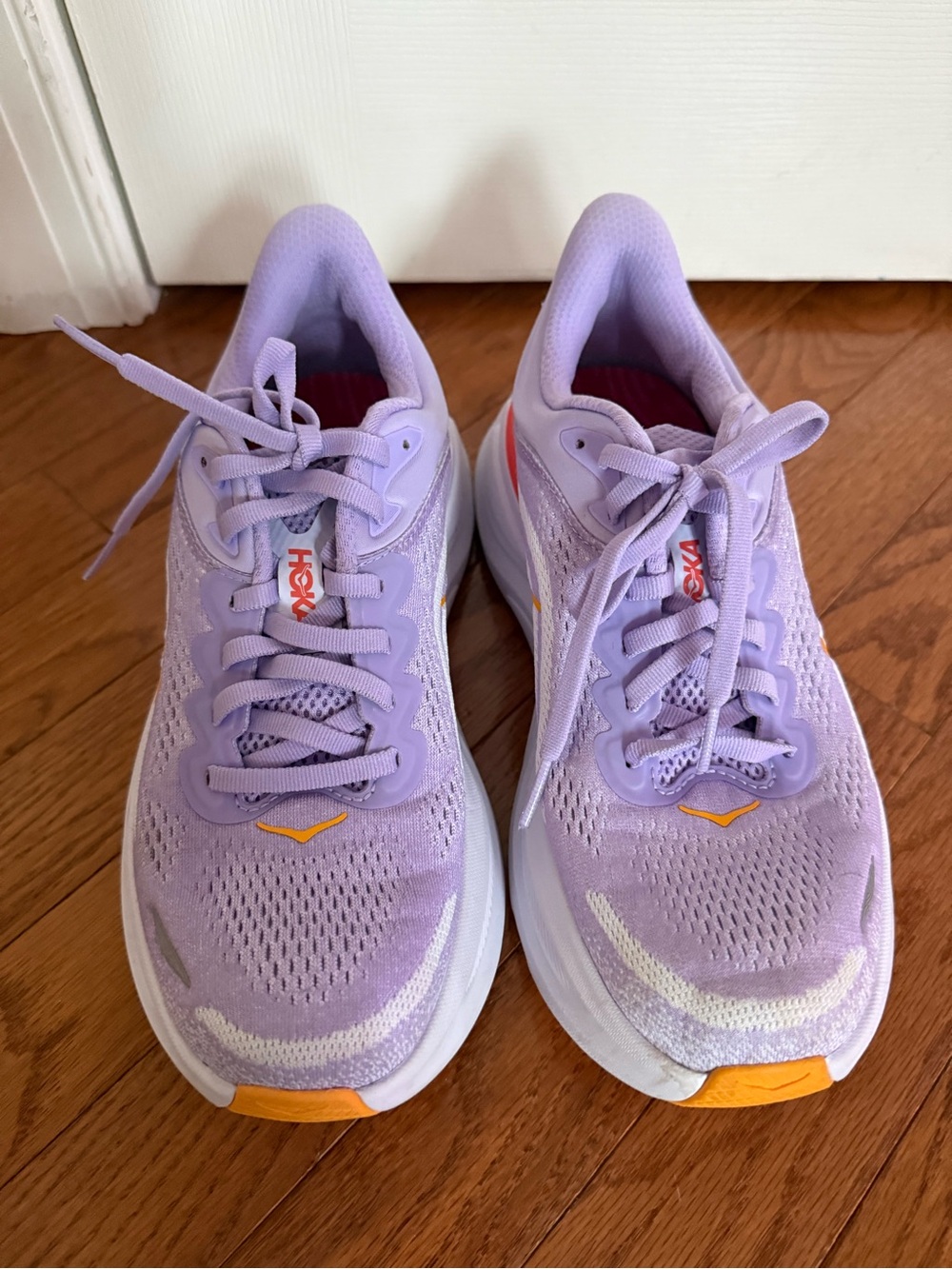 Women’s Hoka Size 8 Bondi 9 Purple Athletic Running Shoes with Orange Accents